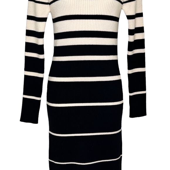 Stitchdrop Ribbed Black Cream Striped Mock Neck Midi Sweater Dress - Picture 4 of 9